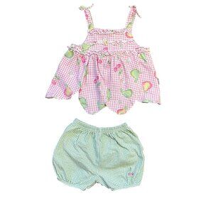Le Top Gingham Floral Knit 2 Piece Outfit Baby Girls 12M Ruffle Bloomers Cotton